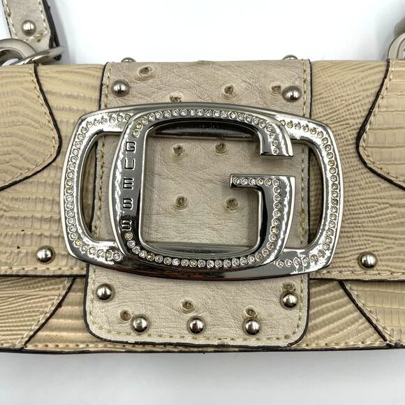 Vintage Y2K GUESS G Beige Shoulder Bag Purse Croc Embossed Bling G Purse Zebra - Picture 2 of 5
